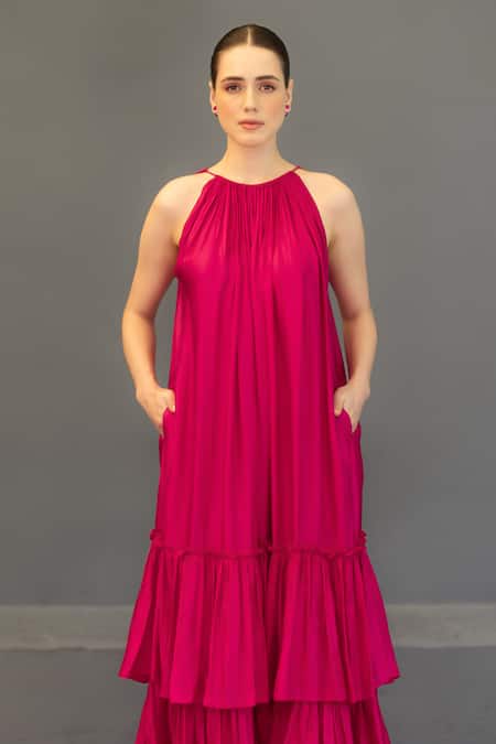 Ozel Pink Linen Satin Solid Halter Layla Neck Tiered Maxi Dress Online at Aza Fashions Ozel_Pink Linen Satin Solid Halter Layla Neck Tiered Maxi Dress _Online_at_Aza_Fashions