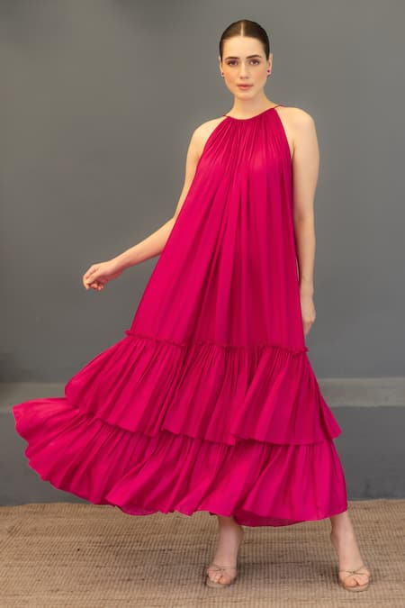 Buy Ozel Pink Linen Satin Solid Halter Layla Neck Tiered Maxi Dress Online at Aza Fashions Buy_Ozel_Pink Linen Satin Solid Halter Layla Neck Tiered Maxi Dress _Online_at_Aza_Fashions