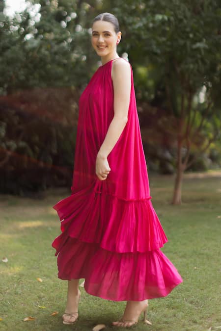 Shop Ozel Pink Linen Satin Solid Halter Layla Neck Tiered Maxi Dress Online at Aza Fashions Shop_Ozel_Pink Linen Satin Solid Halter Layla Neck Tiered Maxi Dress _Online_at_Aza_Fashions