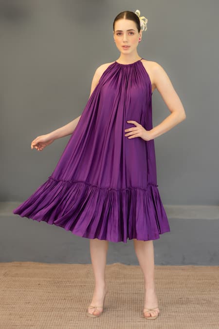Ozel Purple Linen Satin Solid Halter Layla Neck Tiered Dress