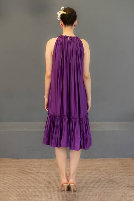 Shop Ozel Purple Linen Satin Solid Halter Layla Neck Tiered Dress at Aza Fashions Shop_Ozel_Purple Linen Satin Solid Halter Layla Neck Tiered Dress _at_Aza_Fashions