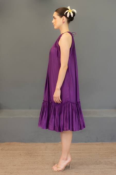 Ozel Purple Linen Satin Solid Halter Layla Neck Tiered Dress Online at Aza Fashions Ozel_Purple Linen Satin Solid Halter Layla Neck Tiered Dress _Online_at_Aza_Fashions
