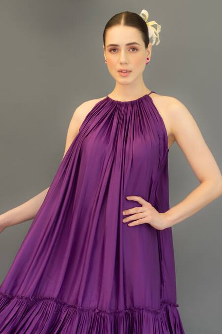 Ozel Purple Linen Satin Solid Halter Layla Neck Tiered Dress at Aza Fashions Ozel_Purple Linen Satin Solid Halter Layla Neck Tiered Dress _at_Aza_Fashions