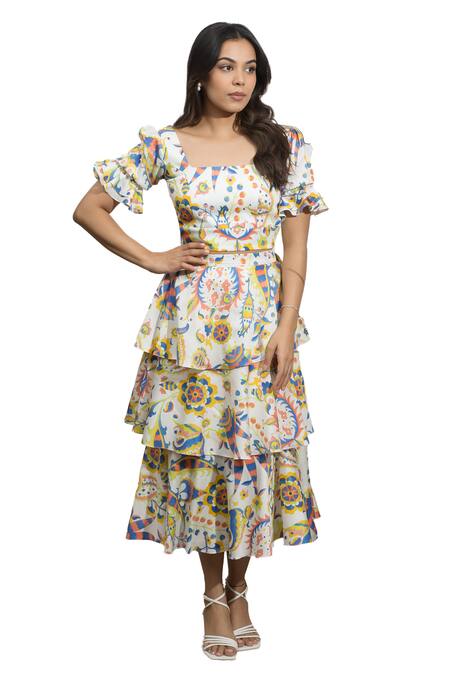 Buy_Ozel_White Cotton Printed Floral Square Moncheriset Top And Skirt Co-ord Set _Online_at_Aza_Fashions