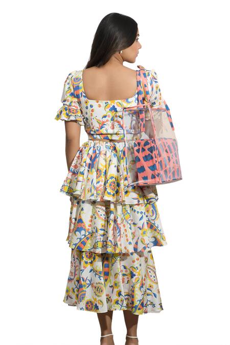 Shop_Ozel_White Cotton Printed Floral Square Moncheriset Top And Skirt Co-ord Set _Online_at_Aza_Fashions