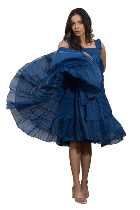 Ozel_Blue Chiffon Stripe Square Noir Tiered Midi Dress _at_Aza_Fashions