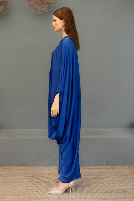 Ozel_Blue Sandwash Satin Solid Asymmetric Olivia Draped Gown _Online_at_Aza_Fashions