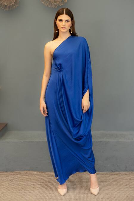 Buy_Ozel_Blue Sandwash Satin Solid Asymmetric Olivia Draped Gown _Online_at_Aza_Fashions