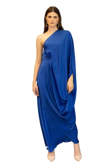Shop_Ozel_Blue Sandwash Satin Solid Asymmetric Olivia Draped Gown _Online_at_Aza_Fashions