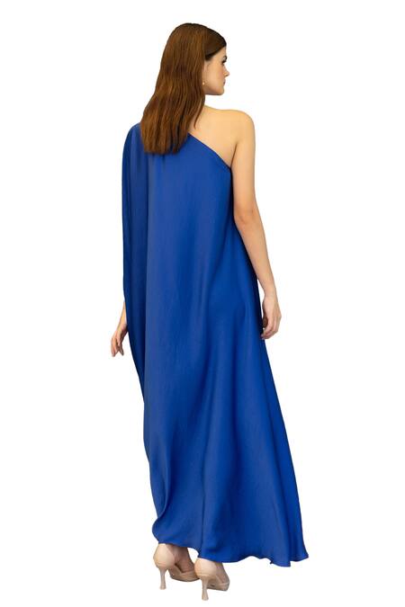 Ozel_Blue Sandwash Satin Solid Asymmetric Olivia Draped Gown _at_Aza_Fashions