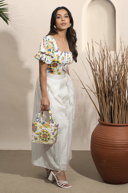 Ozel Leaf Print Crop Top & Pant Set 