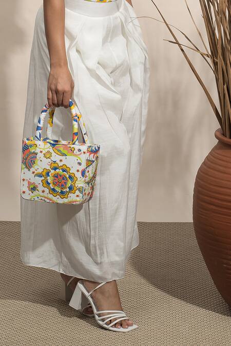 Ozel_White Cotton Printed Leaf Square Crop Top And Pant Set _Online_at_Aza_Fashions