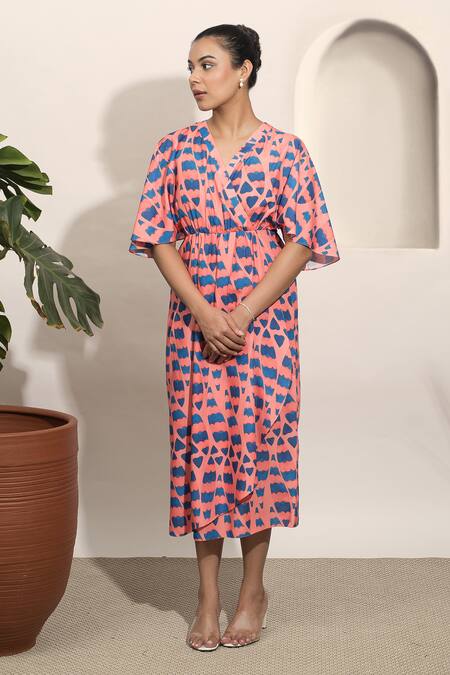 Ozel Pink Modal Satin Abstract V Neck Pattern Wrap Dress