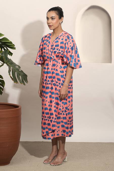Ozel_Pink Modal Satin Abstract V Neck Pattern Wrap Dress _Online_at_Aza_Fashions