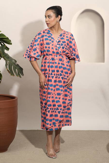 Buy_Ozel_Pink Modal Satin Abstract V Neck Pattern Wrap Dress _Online_at_Aza_Fashions