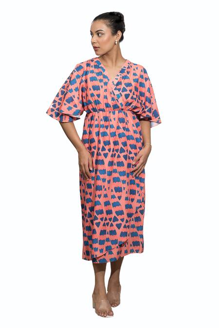 Shop_Ozel_Pink Modal Satin Abstract V Neck Pattern Wrap Dress _Online_at_Aza_Fashions