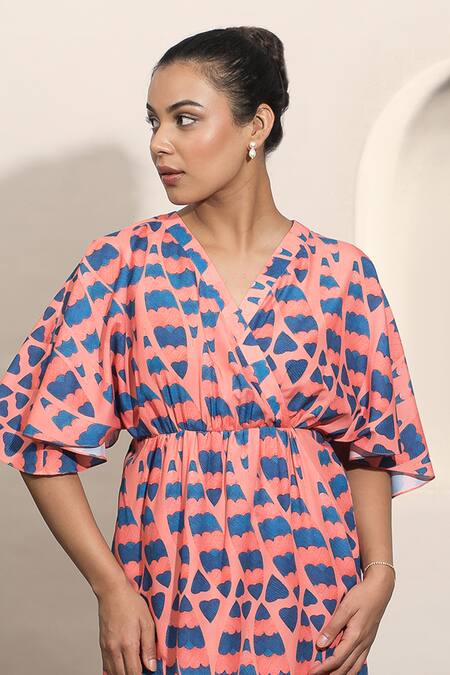 Ozel_Pink Modal Satin Abstract V Neck Pattern Wrap Dress _at_Aza_Fashions