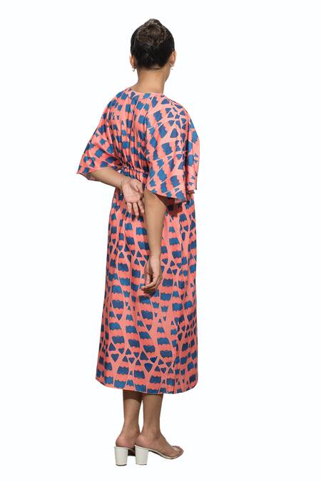 Buy_Ozel_Pink Modal Satin Abstract V Neck Pattern Wrap Dress 