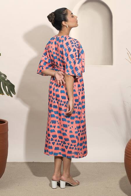 Shop_Ozel_Pink Modal Satin Abstract V Neck Pattern Wrap Dress 