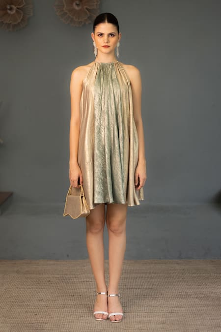 Ozel Gold Crepe High Neck Taylor Two Tone Short Dress Online at Aza Fashions Ozel_Gold Crepe High Neck Taylor Two Tone Short Dress _Online_at_Aza_Fashions