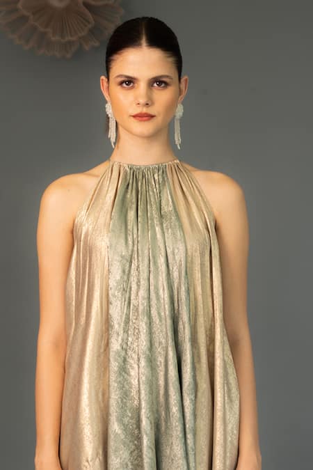 Buy Ozel Gold Crepe High Neck Taylor Two Tone Short Dress Online at Aza Fashions Buy_Ozel_Gold Crepe High Neck Taylor Two Tone Short Dress _Online_at_Aza_Fashions