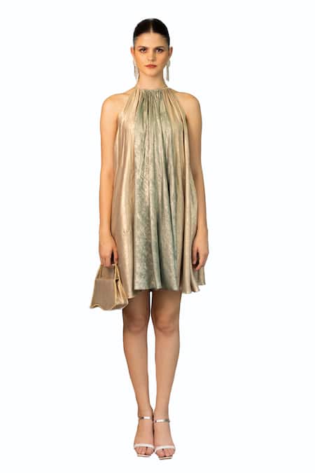 Shop Ozel Gold Crepe High Neck Taylor Two Tone Short Dress Online at Aza Fashions Shop_Ozel_Gold Crepe High Neck Taylor Two Tone Short Dress _Online_at_Aza_Fashions