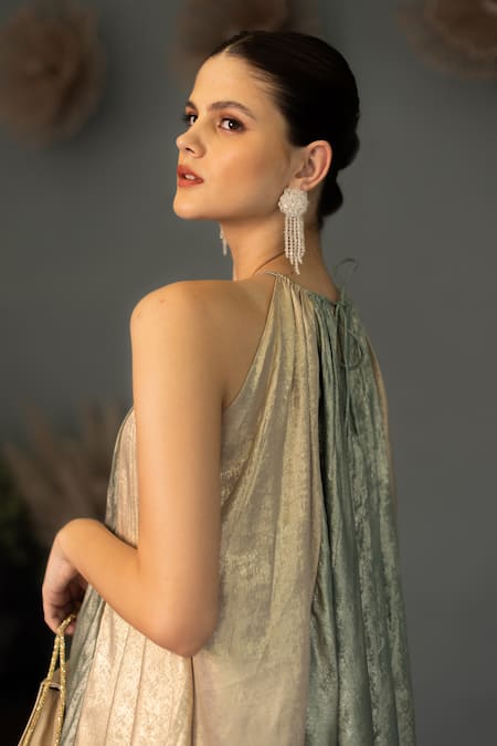 Ozel Gold Crepe High Neck Taylor Two Tone Short Dress at Aza Fashions Ozel_Gold Crepe High Neck Taylor Two Tone Short Dress _at_Aza_Fashions