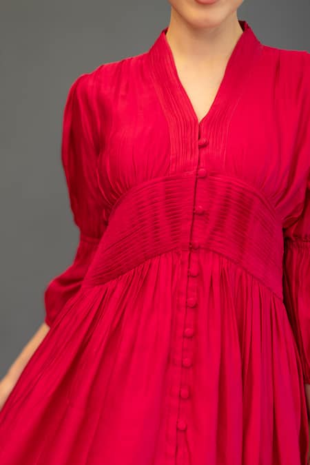 Shop_Ozel_Pink Linen Satin V Neck Pleat Detailed Midi Dress _Online_at_Aza_Fashions