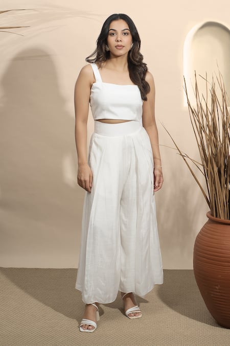 Ozel White Solid Crop Top & Pant Set 