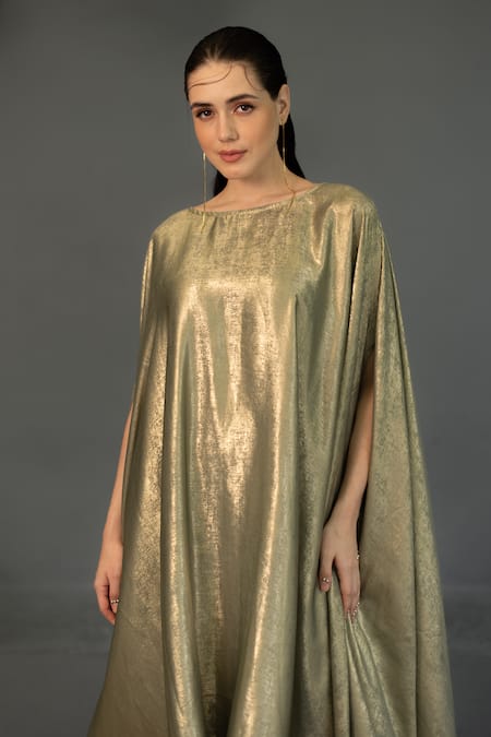 Ozel_Green Crepe Round Neck Zayna Cowl Drape Kaftan _Online_at_Aza_Fashions
