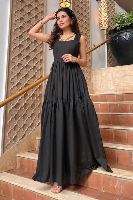 Buy_Ozel_Black Lycra, Cotton Ruffles Square Neck Zoe Strap Maxi Dress _Online_at_Aza_Fashions
