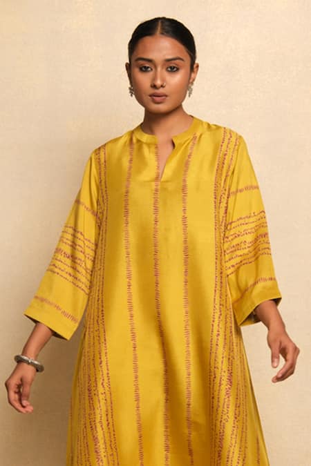 Shop Avni Bhuva Yellow Silk Embroidery Collared Nene Asymmetric A-line Kurta And Pant Set at Aza Fashions Shop_Avni Bhuva_Yellow Silk Embroidery Collared Nene Asymmetric A-line Kurta And Pant Set _at_Aza_Fashions