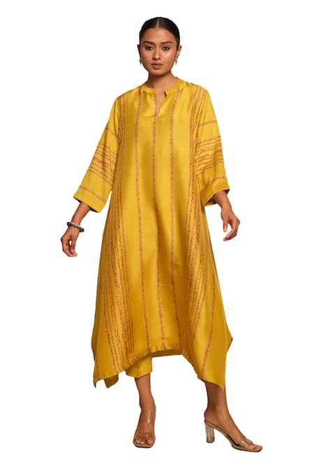 Avni Bhuva Yellow Silk Embroidery Collared Nene Asymmetric A-line Kurta And Pant Set Online at Aza Fashions Avni Bhuva_Yellow Silk Embroidery Collared Nene Asymmetric A-line Kurta And Pant Set _Online_at_Aza_Fashions