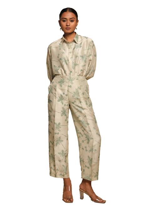Avni Bhuva_Ivory Silk Printed Floral Collared Orenji Shirt And Pant Co-ord Set _Online_at_Aza_Fashions