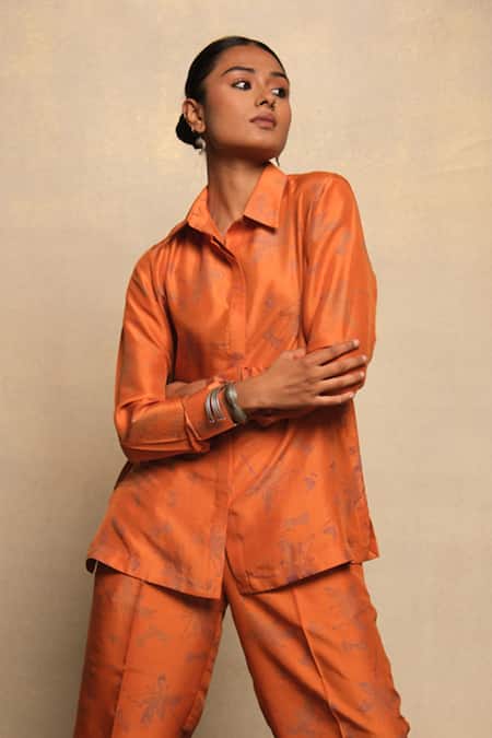 Avni Bhuva Orenji Floral Print Shirt & Pant Co-ord Set 