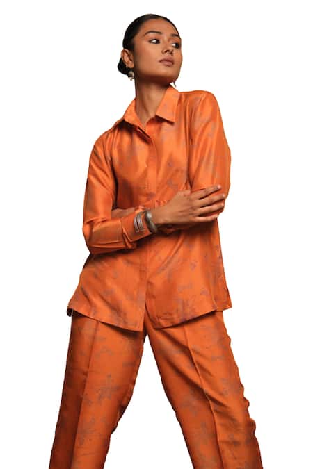 Avni Bhuva Orange Silk Printed Floral Collared Orenji Shirt And Pant Co-ord Set Online at Aza Fashions Avni Bhuva_Orange Silk Printed Floral Collared Orenji Shirt And Pant Co-ord Set _Online_at_Aza_Fashions