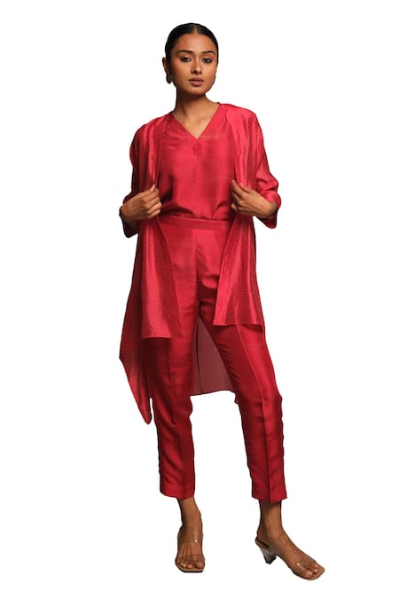 Avni Bhuva_Red Silk V Neck Shinto Asymmetric Cape Pant Set _Online_at_Aza_Fashions