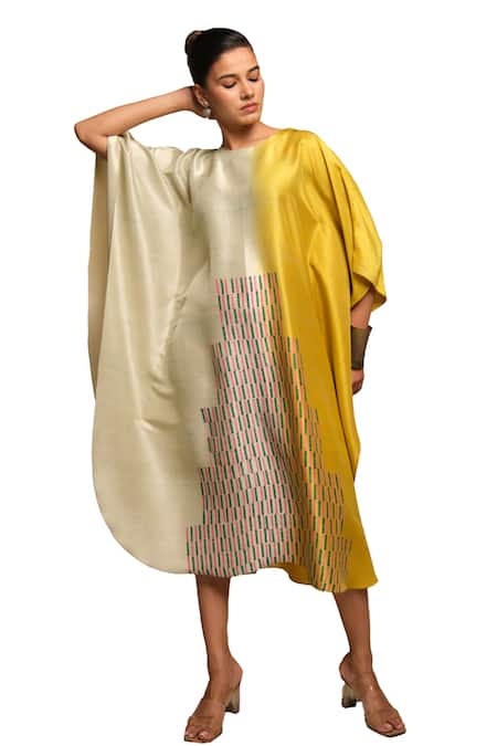 Avni Bhuva_Ivory Silk Round Suki Geometric Pattern Color Blocked Kaftan _Online_at_Aza_Fashions