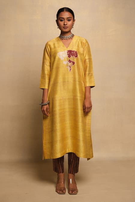 Avni Bhuva Yellow Silk V Neck Teru Floral Motif Kurta And Pant Set 