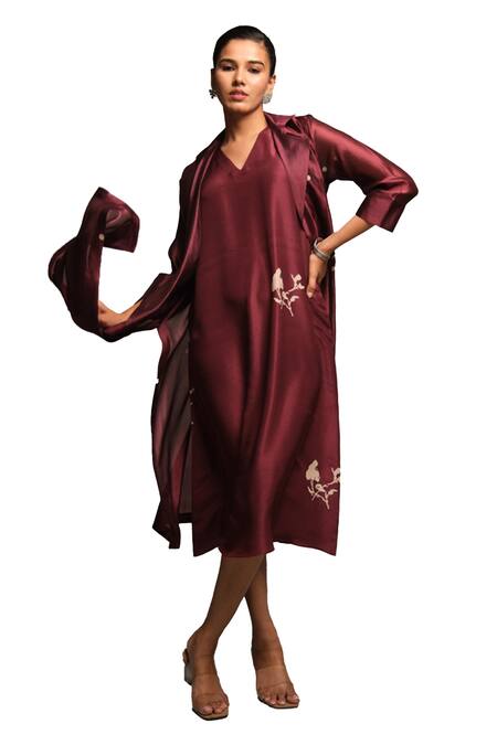 Avni Bhuva_Wine Dress Silk V Neck Twany Solid With Organza Cape _Online_at_Aza_Fashions