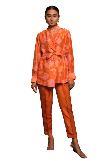 Avni Bhuva_Orange Silk Printed Floral Shawl Collar Unshiu Tie-up Jacket And Pant Set _Online_at_Aza_Fashions