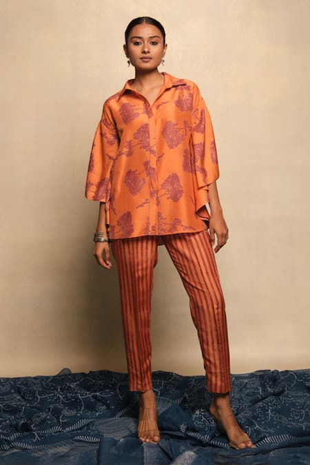 Avni Bhuva Orange Silk Print Autumn Bloom Collar Neck Katakana Shirt With Striped Pant 