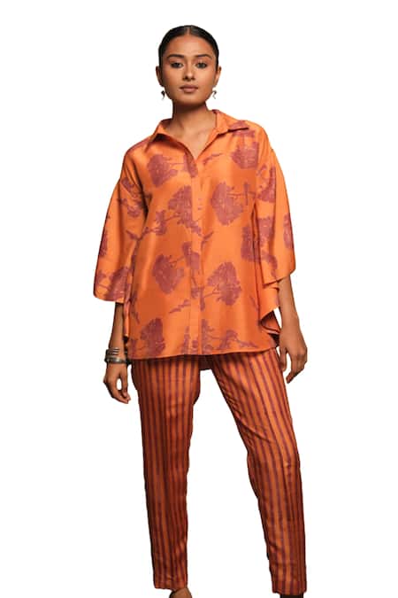 Avni Bhuva Katakana Autumn Bloom Print Shirt With Striped Pant 