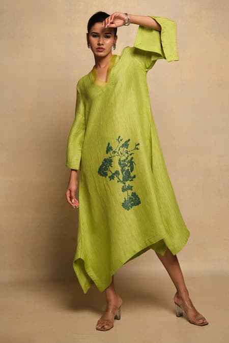 Avni Bhuva Green Linen Print Crest Bloom V Neck Midori Asymmetric Dress