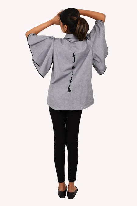 Shop Richaa Goenka Grey Cotton Hand Embroidery Piping Collared Contrast Detailed Shirt at Aza Fashions Shop_Richaa Goenka_Grey Cotton Hand Embroidery Piping Collared Contrast Detailed Shirt _at_Aza_Fashions