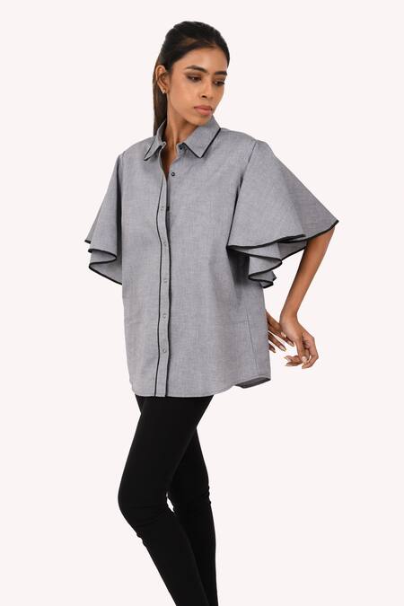 Richaa Goenka Grey Cotton Hand Embroidery Piping Collared Contrast Detailed Shirt Online at Aza Fashions Richaa Goenka_Grey Cotton Hand Embroidery Piping Collared Contrast Detailed Shirt _Online_at_Aza_Fashions