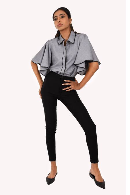 Buy Richaa Goenka Grey Cotton Hand Embroidery Piping Collared Contrast Detailed Shirt Online at Aza Fashions Buy_Richaa Goenka_Grey Cotton Hand Embroidery Piping Collared Contrast Detailed Shirt _Online_at_Aza_Fashions