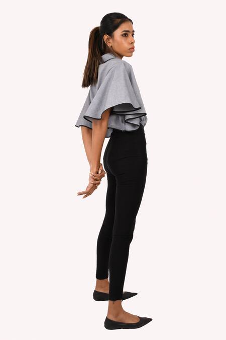 Shop Richaa Goenka Grey Cotton Hand Embroidery Piping Collared Contrast Detailed Shirt Online at Aza Fashions Shop_Richaa Goenka_Grey Cotton Hand Embroidery Piping Collared Contrast Detailed Shirt _Online_at_Aza_Fashions