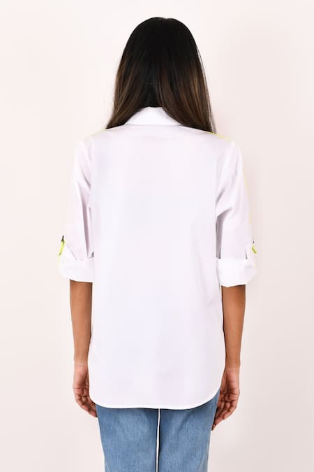 Shop Richaa Goenka White Cotton Hand Embroidery Contrast Stripe Tape Detailed Shoulder Shirt at Aza Fashions Shop_Richaa Goenka_White Cotton Hand Embroidery Contrast Stripe Tape Detailed Shoulder Shirt _at_Aza_Fashions