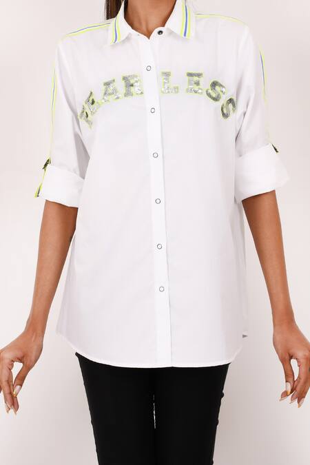 Buy Richaa Goenka White Cotton Hand Embroidery Contrast Stripe Tape Detailed Shoulder Shirt Online at Aza Fashions Buy_Richaa Goenka_White Cotton Hand Embroidery Contrast Stripe Tape Detailed Shoulder Shirt _Online_at_Aza_Fashions